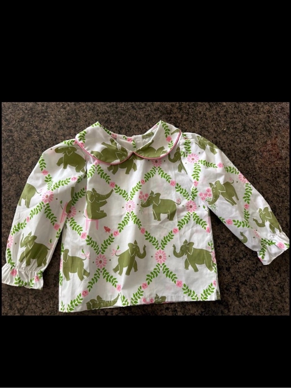TBBC Girl's Maude's Peter Pan Collar Shirt Elephant Print 3T Like New